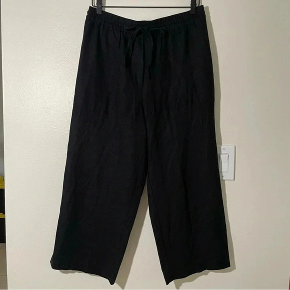 DKNY Pure Black Pull On Drawstring Linen Blend Cropped Leg Pant Women’s Medium - Picture 1 of 6